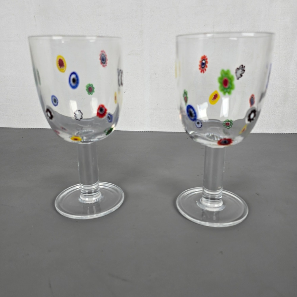 Murano Style Millefiori Wine Glasses Set of 2 Colorful Floral Art Glass Goblets